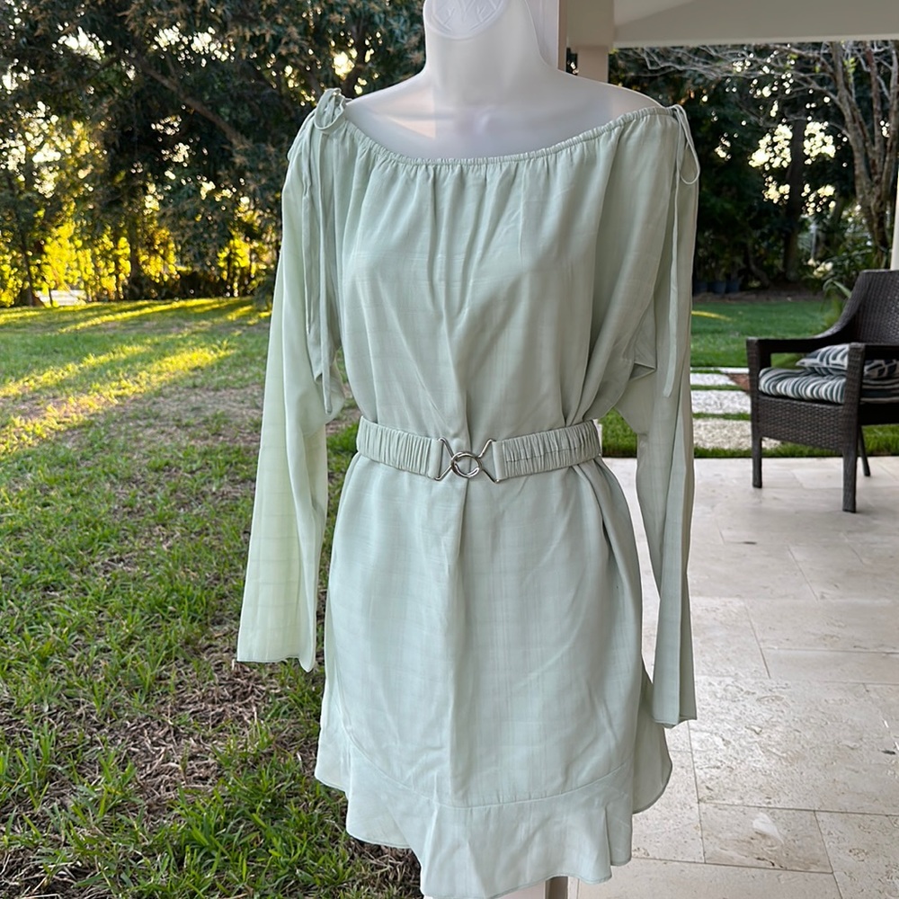 Mint colored belted boatneck with adjustable ties mini dress by Camila Coelho